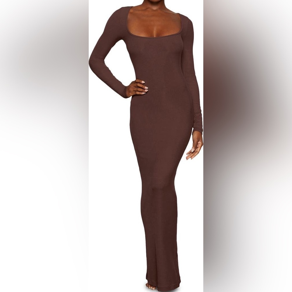 Skims Soft Lounge Ribbed Long Sleeve Maxi Dress- Cocoa